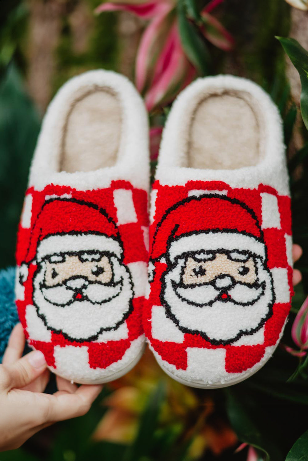 Fiery Red Checkered Santa Claus Graphic Plush Home Slippers Slippers JT's Designer Fashion