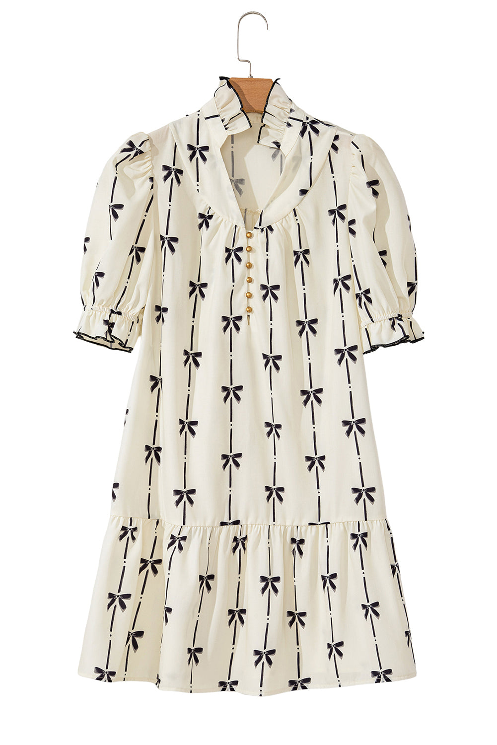 Beige Cute Bowknot Printed Bubble Sleeve V Neck Mini Dress Mini Dresses JT's Designer Fashion