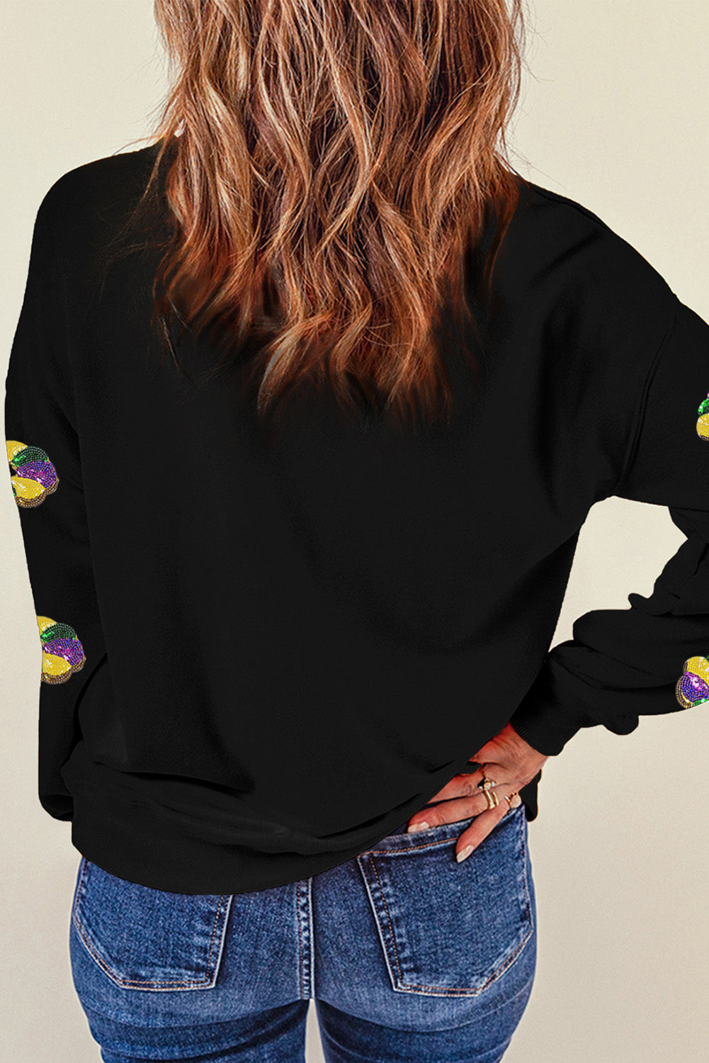 Black Sequined Donuts of Mardi Gras Colors Drop Shoulder Sweatshirt Graphic Sweatshirts JT's Designer Fashion