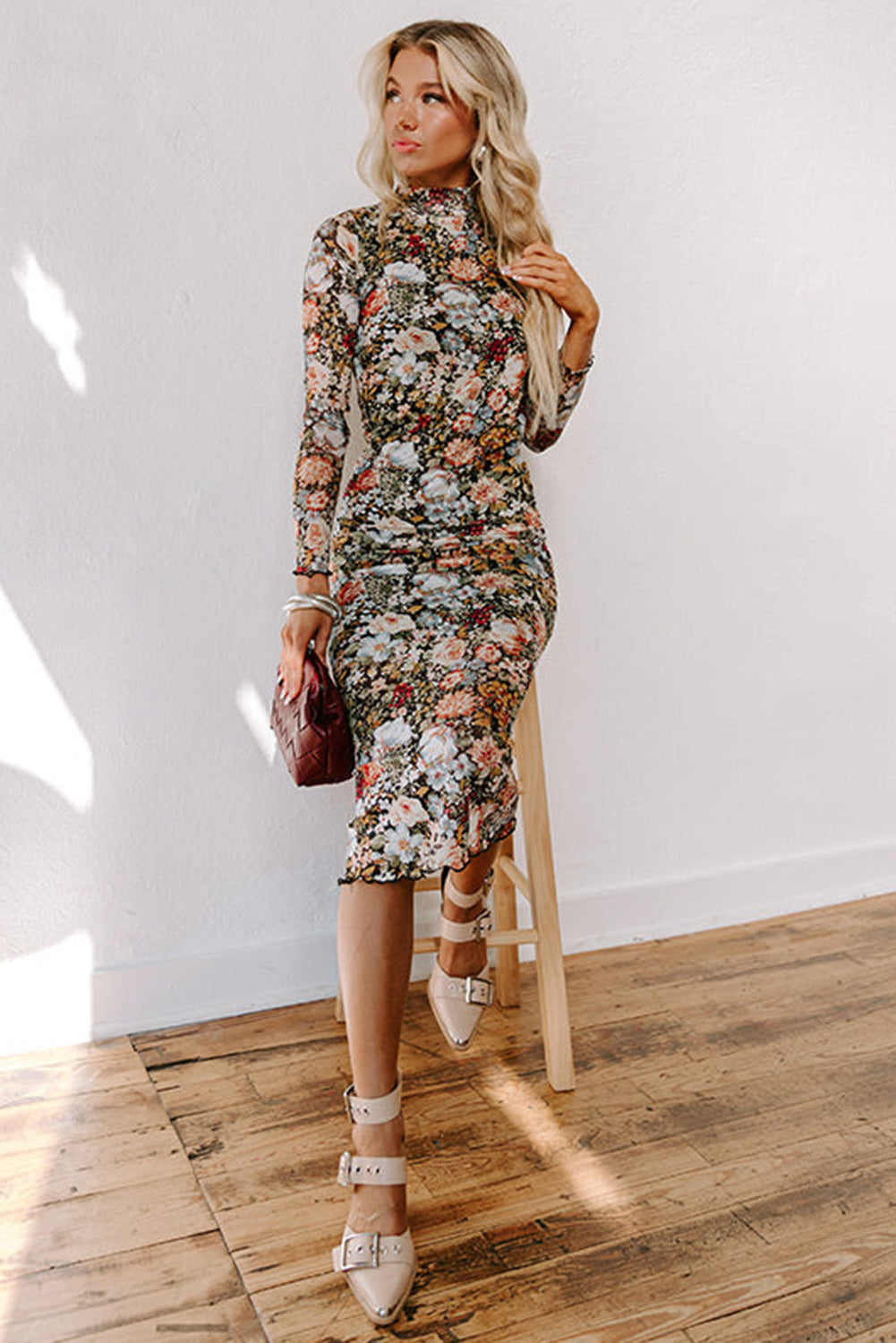 Brown Floral Allover Print Mock Neck Bodycon Long Sleeve Midi Dress Floral Dresses JT's Designer Fashion