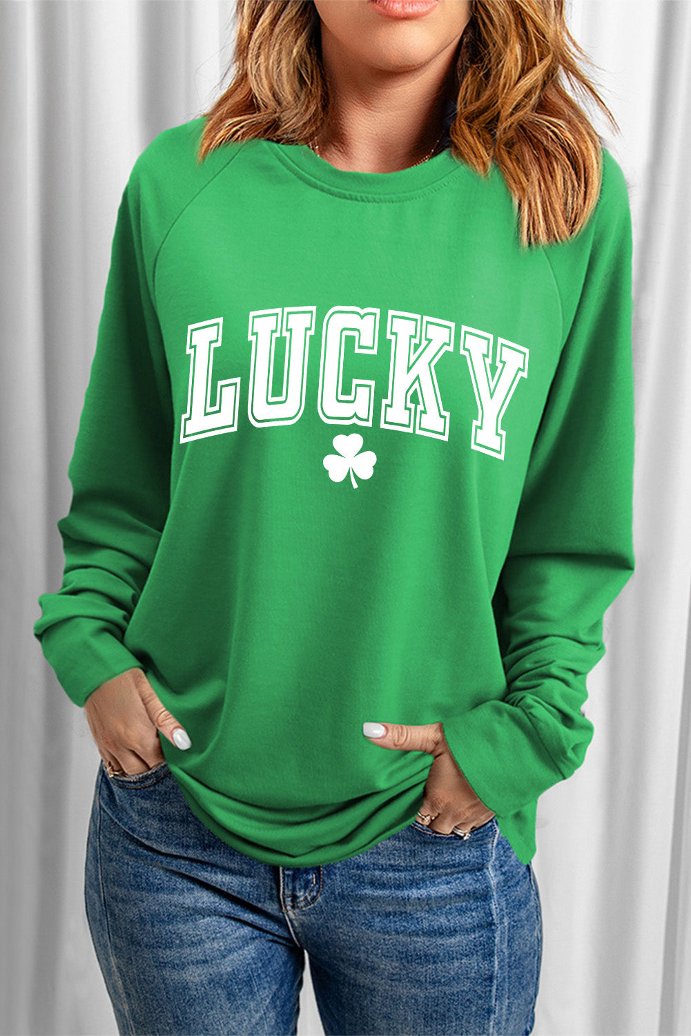 Green St. Patricks LUCKY Clover Print Raglan Sleeve Sweatshirt Graphic Sweatshirts JT's Designer Fashion