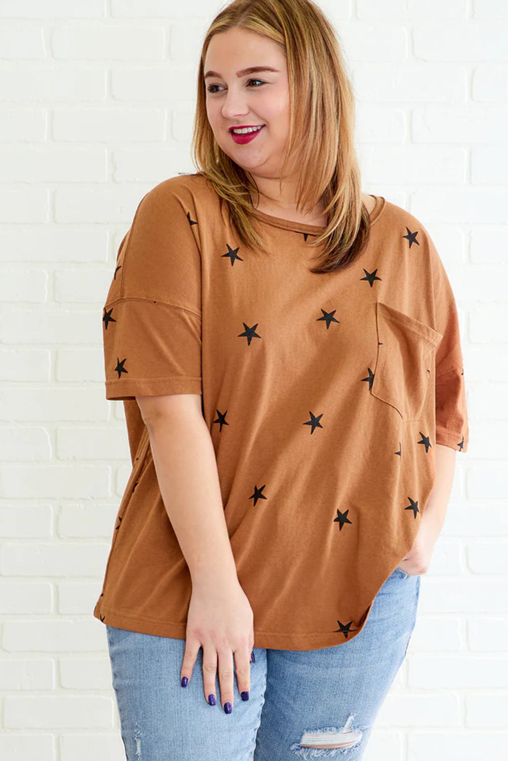 Camel Star Print Pocketed Plus T Shirt Plus Size JT's Designer Fashion