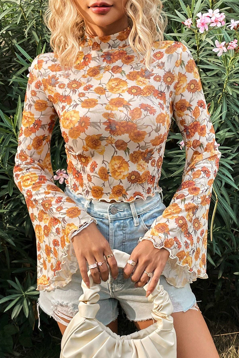 Orange Floral Printed Bell Sleeve Mock Neck Scallop Trim Blouse Blouses & Shirts JT's Designer Fashion