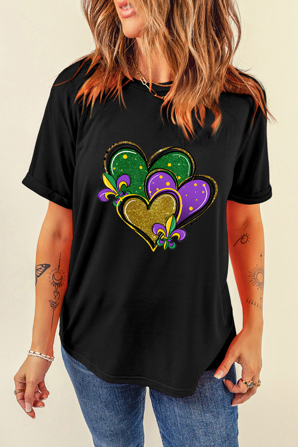 Black Fleur de Lis Heart Printed Mardi Gras T Shirt Graphic Tees JT's Designer Fashion