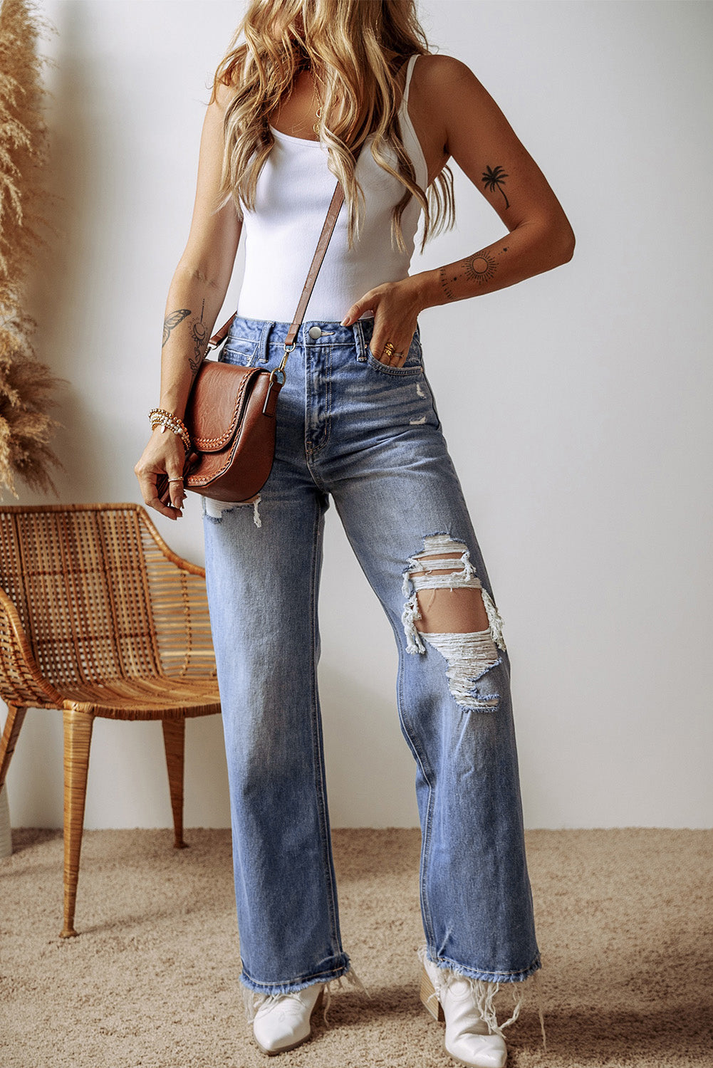 Ashleigh Blue Distressed Raw Hem Straight Leg High Waist Jeans Jeans JT's Designer Fashion