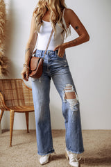 Ashleigh Blue Distressed Raw Hem Straight Leg High Waist Jeans Jeans JT's Designer Fashion