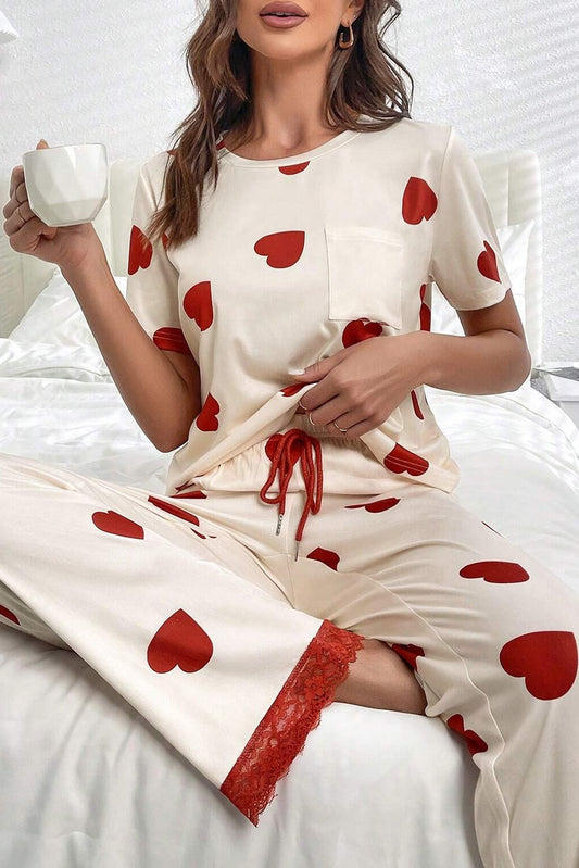 White Heart Print Lace Hem Pajama Set Loungewear JT's Designer Fashion