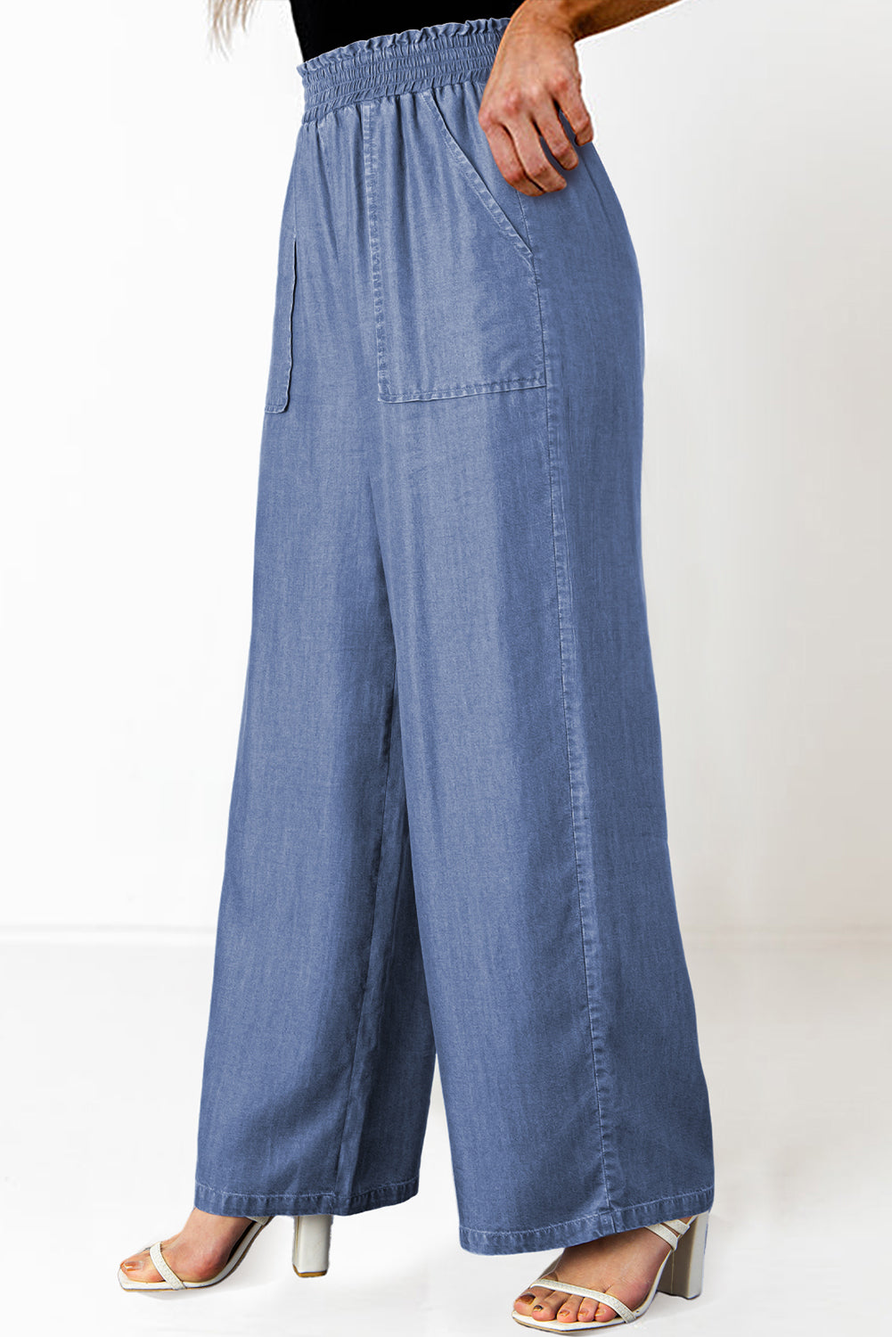 Sky Blue Side Pockets Frilled Smocked High Waist Wide Leg Jeans Bottoms JT's Designer Fashion