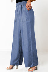 Sky Blue Side Pockets Frilled Smocked High Waist Wide Leg Jeans Bottoms JT's Designer Fashion