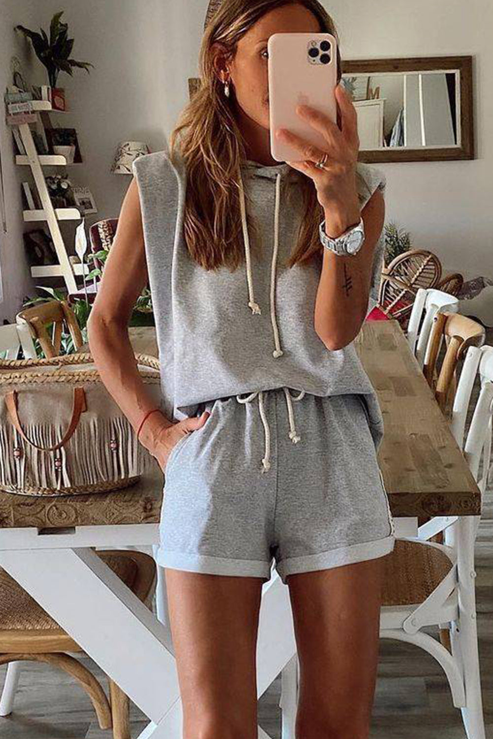 Gray Drawstring Sleeveless Hoodie and Shorts Set Pre Order Bottoms JT's Designer Fashion