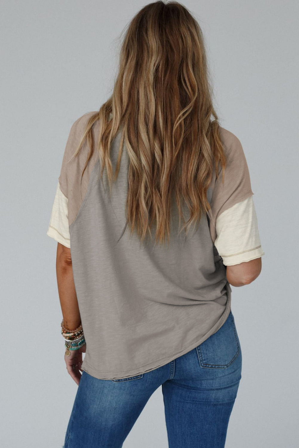 Simply Taupe Exposed Seam Colorblock Loose Tee Tops & Tees JT's Designer Fashion