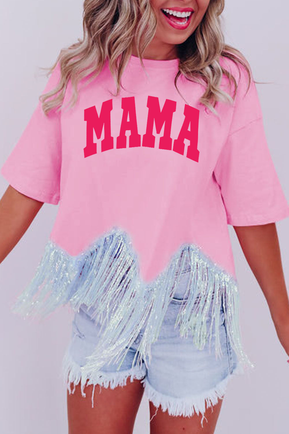 Pink MAMA Letter Print Sequined Tassel Hem T-shirt Graphic Tees JT's Designer Fashion