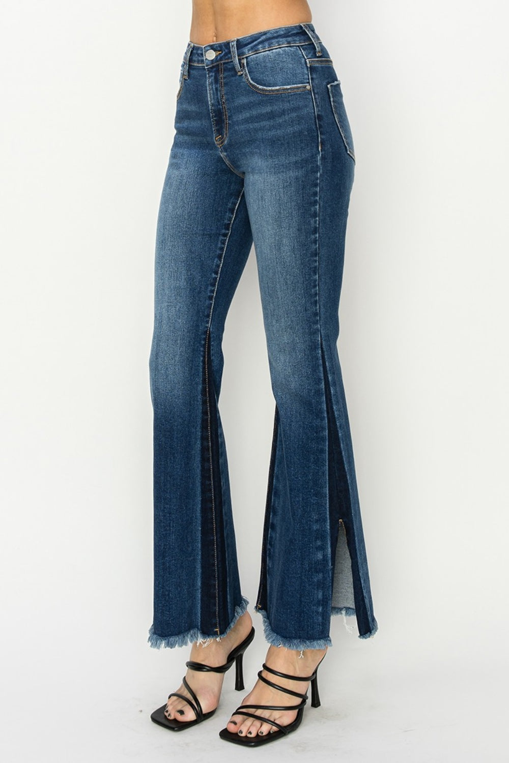 RISEN Full Size High Rise Side Shadow Seam Detail Slit Flare Jeans Jeans JT's Designer Fashion