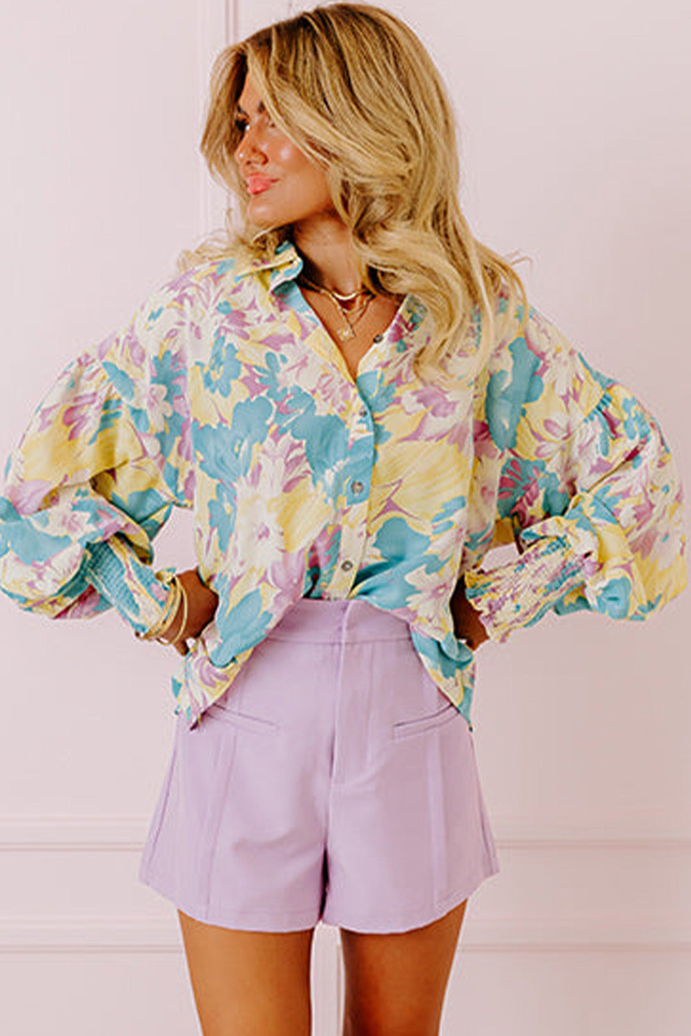 Yellow Floral Allover Print Shirred Cuff Oversized Shirt Blouses & Shirts JT's Designer Fashion