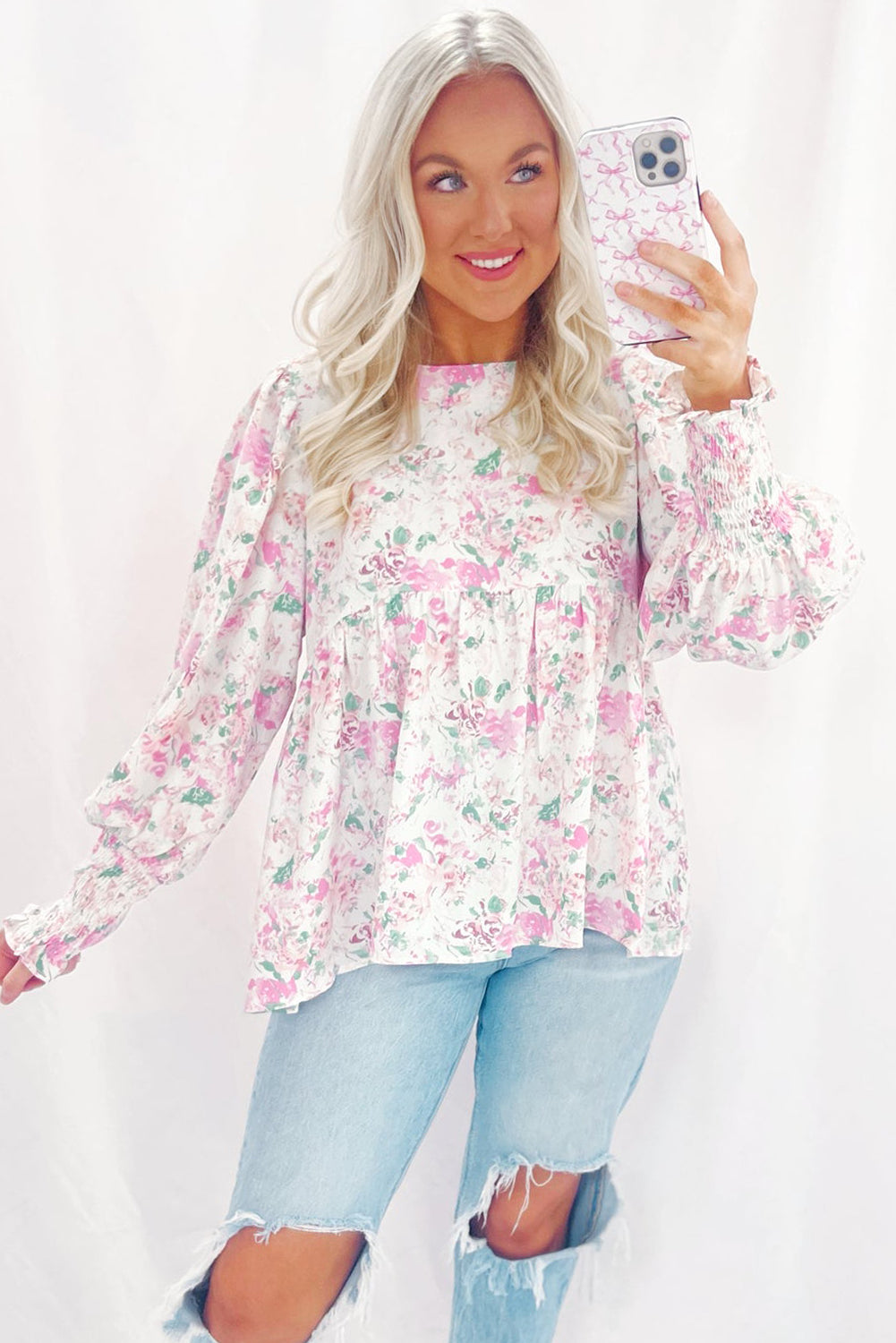 Pink Floral Print Shirred Balloon Sleeve Keyhole Back Babydoll Blouse Blouses & Shirts JT's Designer Fashion