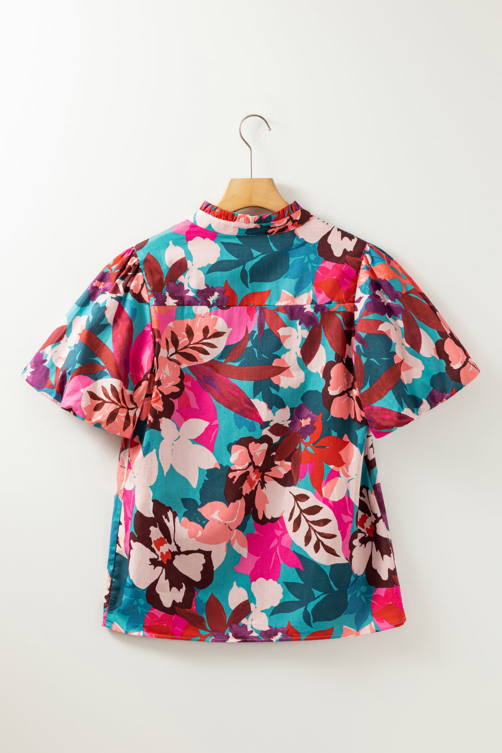 Rose Red Floral Print Puff Sleeve Notched V Neck Blouse Blouses & Shirts JT's Designer Fashion