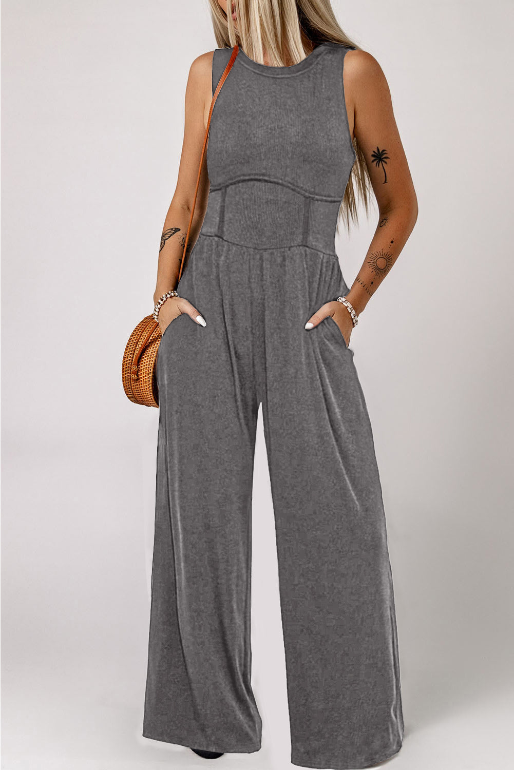 Medium Grey Cinched Waist Sleeveless Wide Leg Jumpsuit Pre Order Bottoms JT's Designer Fashion