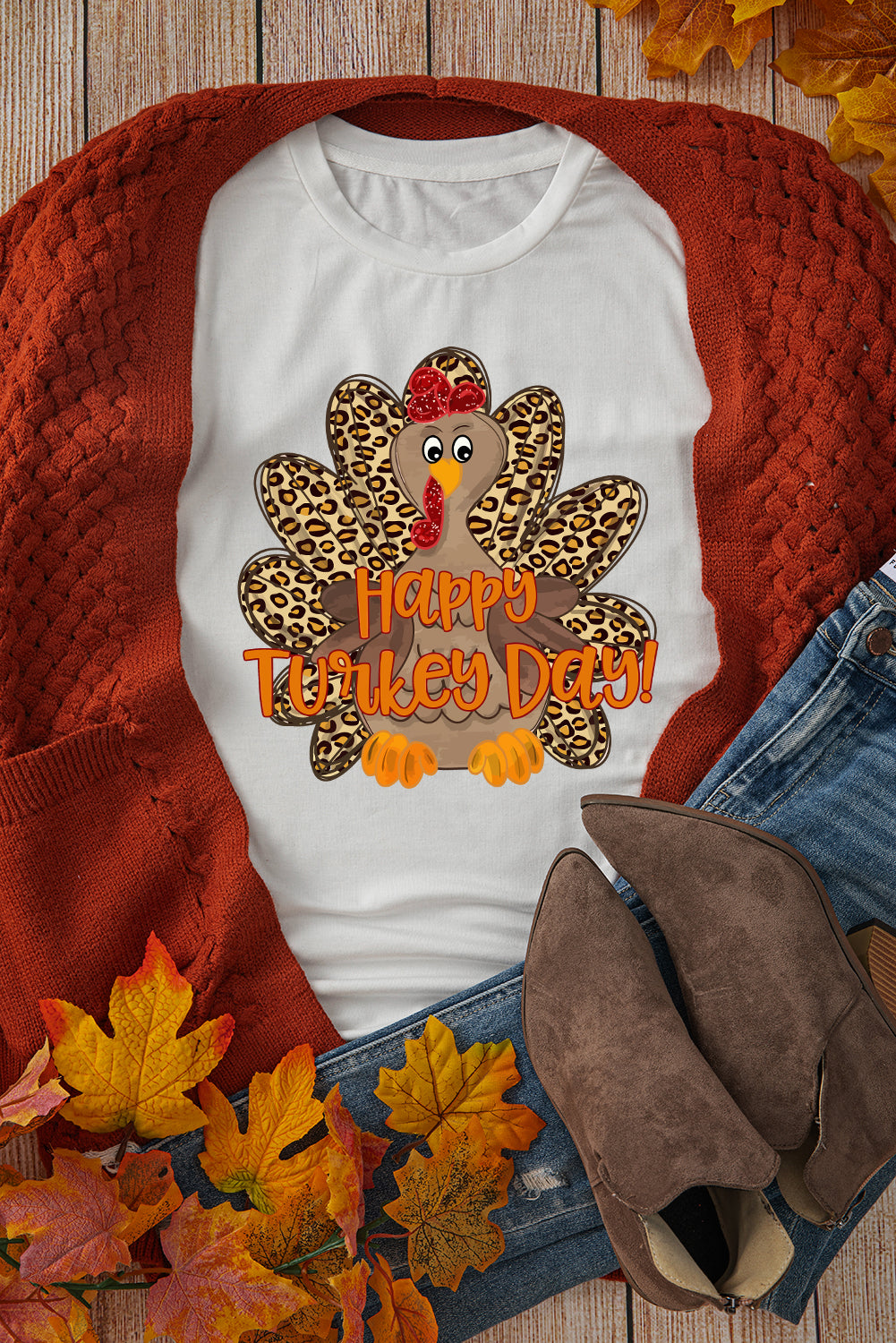 White Happy Turkey Day Leopard Print Crew Neck Loose T Shirt Graphic Tees JT's Designer Fashion