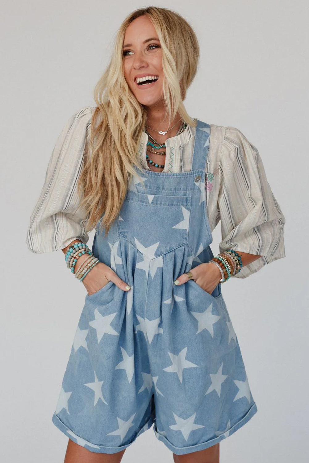 Light Blue Star Printed Buttoned Straps Pocketed Denim Romper Jumpsuits & Rompers JT's Designer Fashion