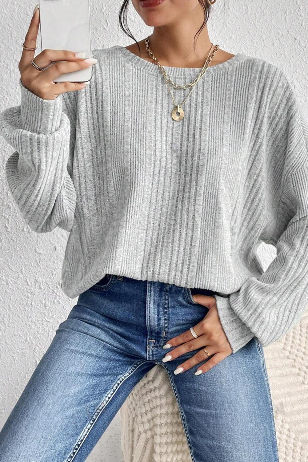 Light Grey Textured Crossover Backless Knit Long Sleeve Top Long Sleeve Tops JT's Designer Fashion