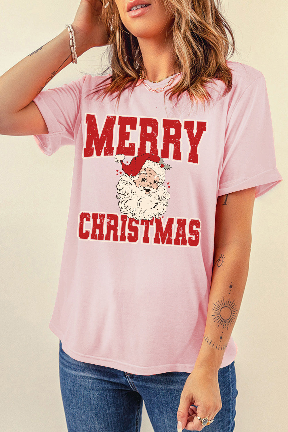 Pink MERRY CHRISTMAS Santa Claus Printed T Shirt Graphic Tees JT's Designer Fashion