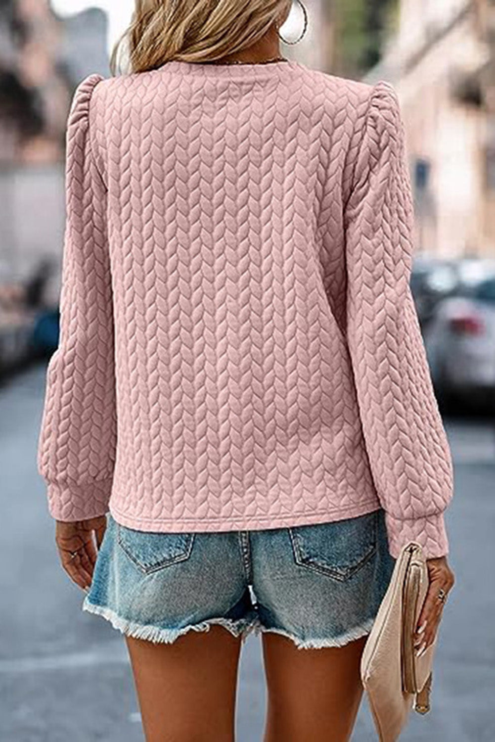 Light Pink Cable Textured Puff Sleeve Sweatshirt Sweatshirts & Hoodies JT's Designer Fashion