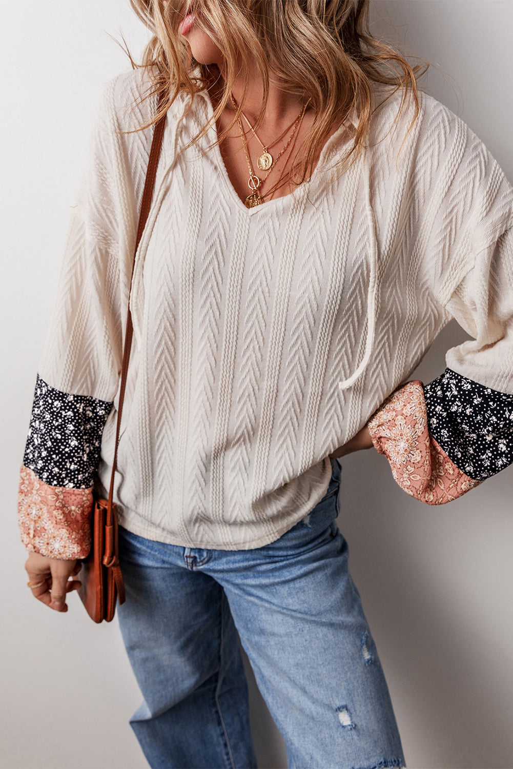 Beige Floral Patchwork Textured Knit Drawstring V Neck Blouse Blouses & Shirts JT's Designer Fashion