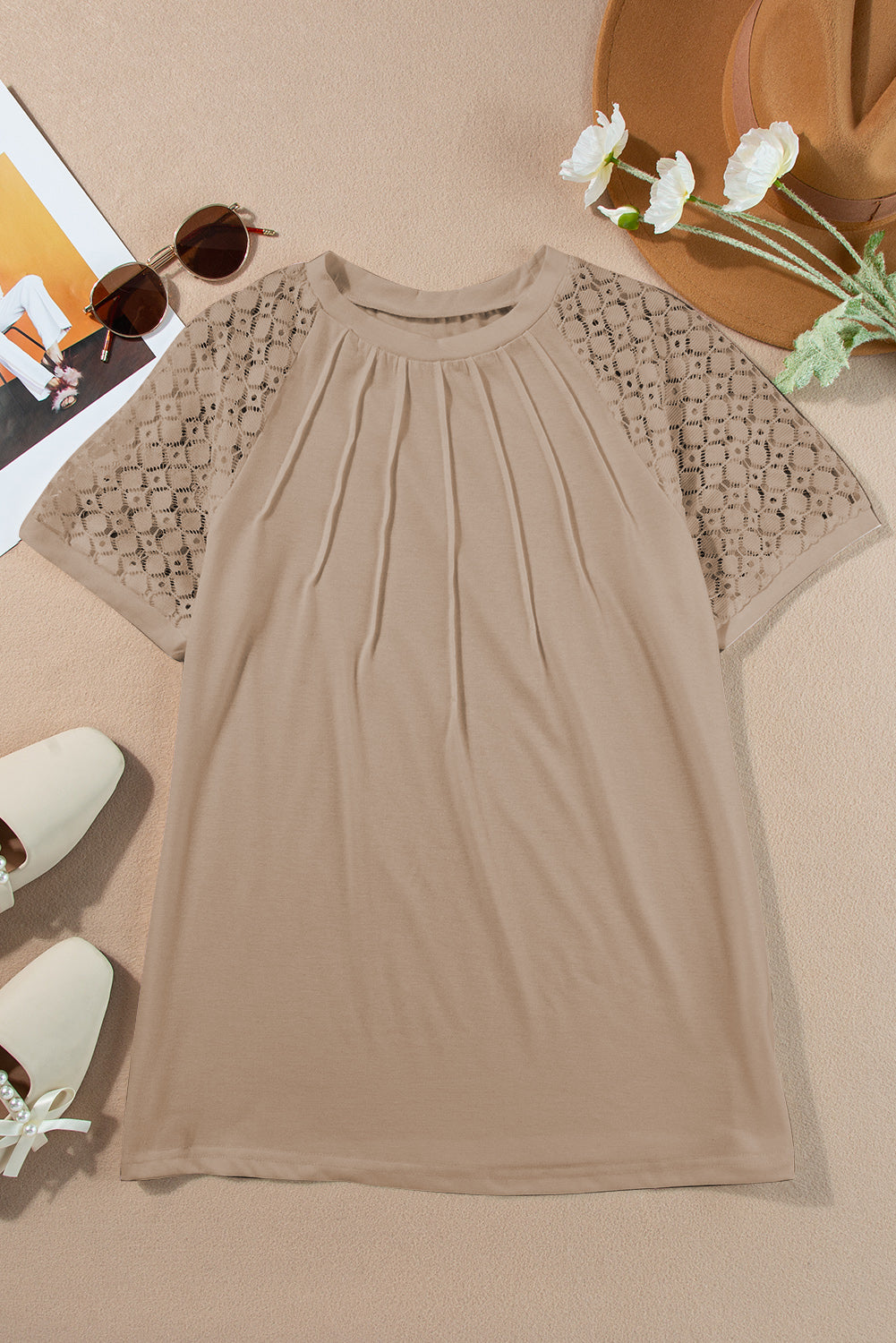 Pale Khaki Seamed Detail Contrast Lace Raglan Sleeve Tee Pre Order Tops JT's Designer Fashion