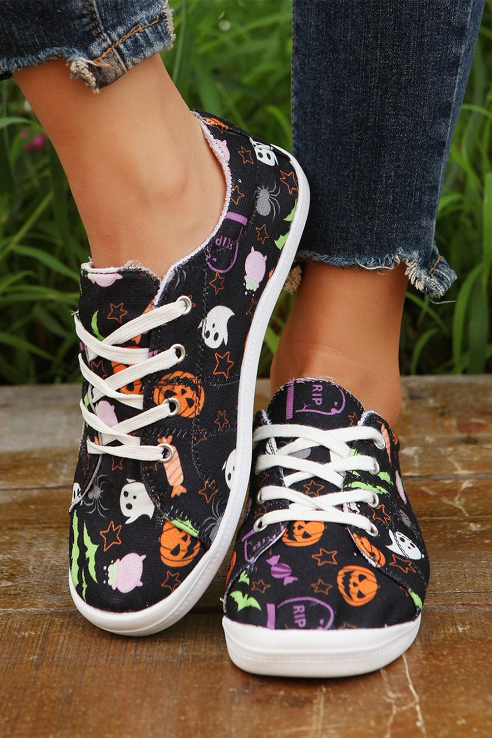 Black Halloween Pumpkin Ghost Print Lace-up Flat Shoes Women's Shoes JT's Designer Fashion