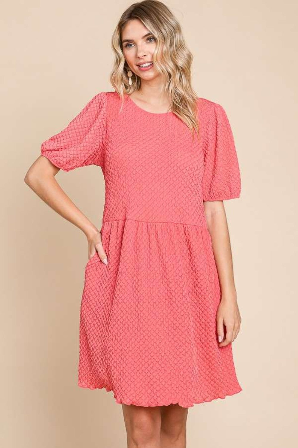 Textured Round Neck Puff Sleeve Dress Mini Dresses JT's Designer Fashion