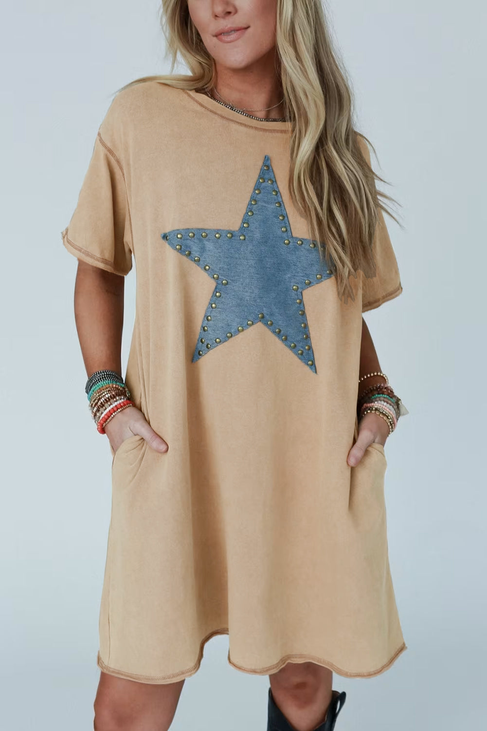 Pale Khaki Mineral Wash Stud Beaded Star Graphic Pocketed T Shirt Dress T Shirt Dresses JT's Designer Fashion