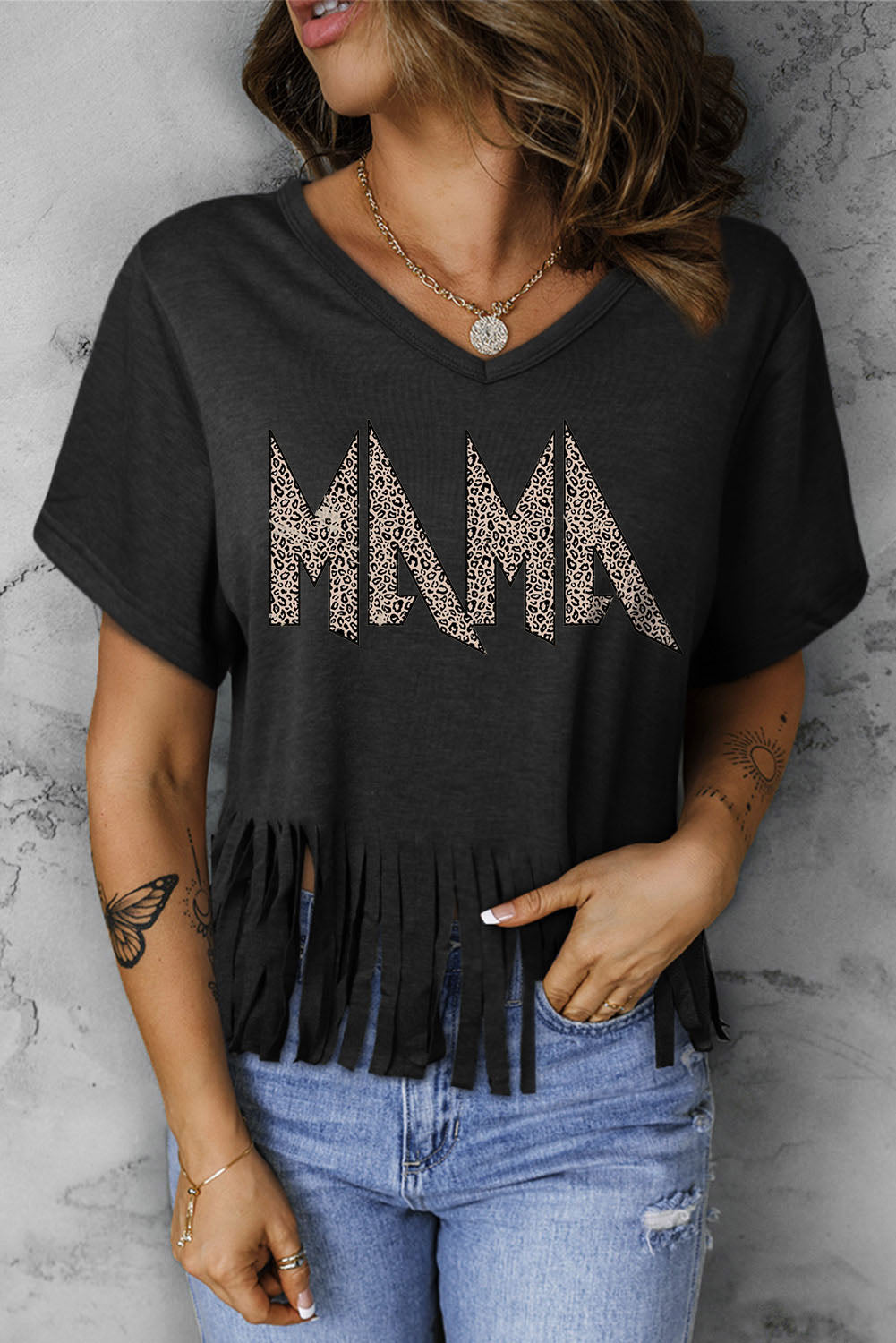 Black Leopard MAMA Fringed Hem Top Graphic Tees JT's Designer Fashion