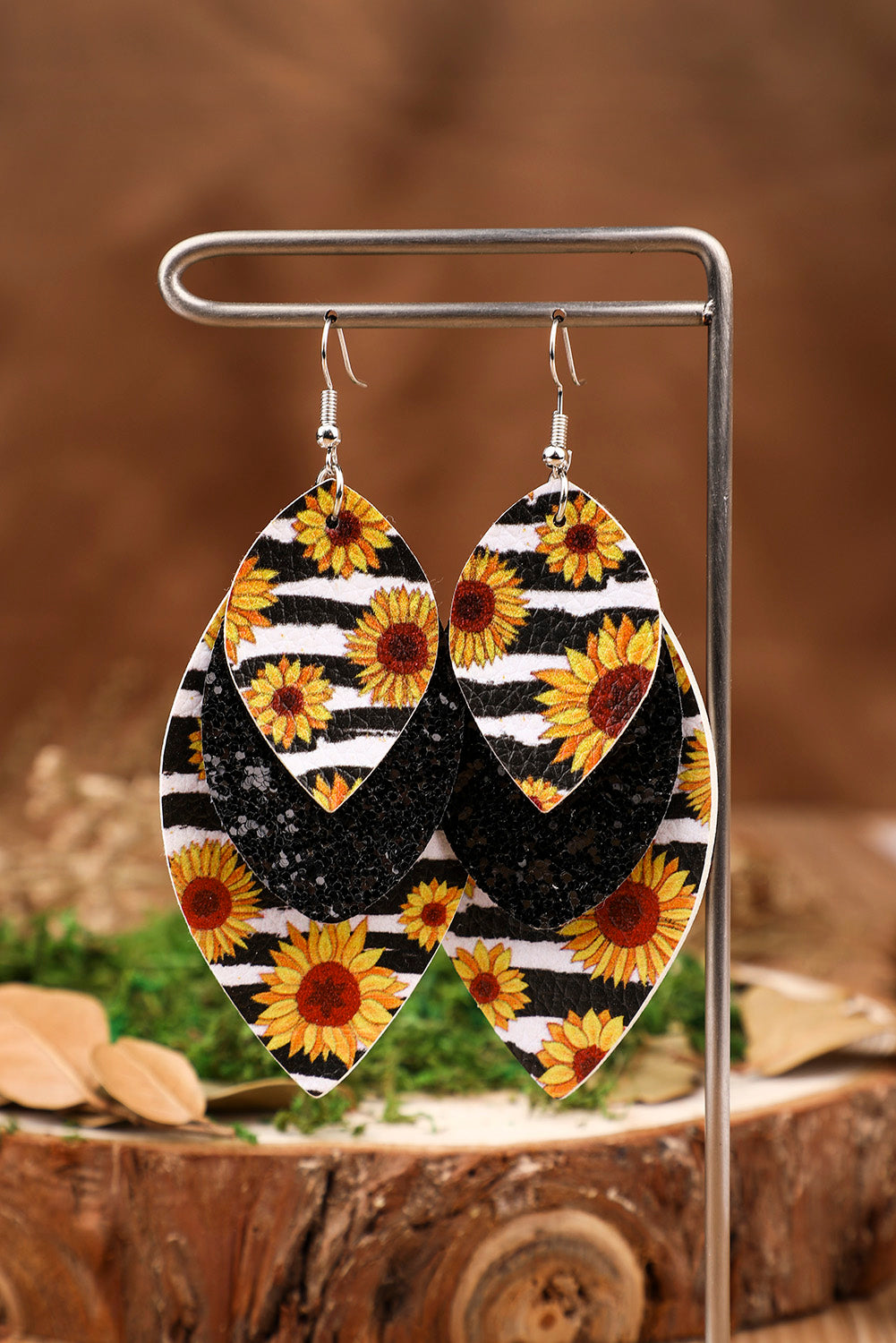 Leopard Sunflower Black Sequined Leaf Multi-Layered Leather Earrings Jewelry JT's Designer Fashion