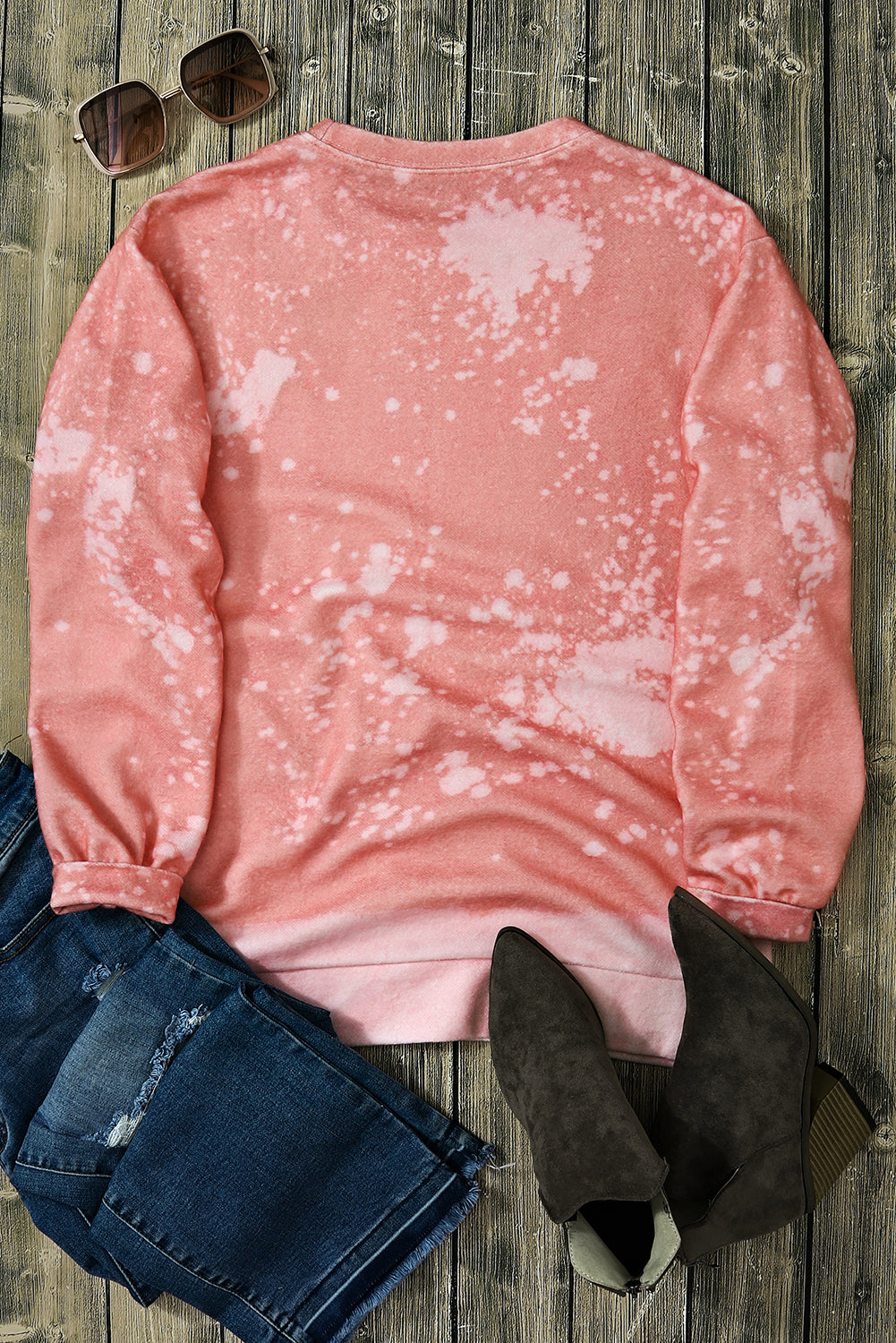 Pink Bleached Round Neck Pullover Sweatshirt Sweatshirts & Hoodies JT's Designer Fashion