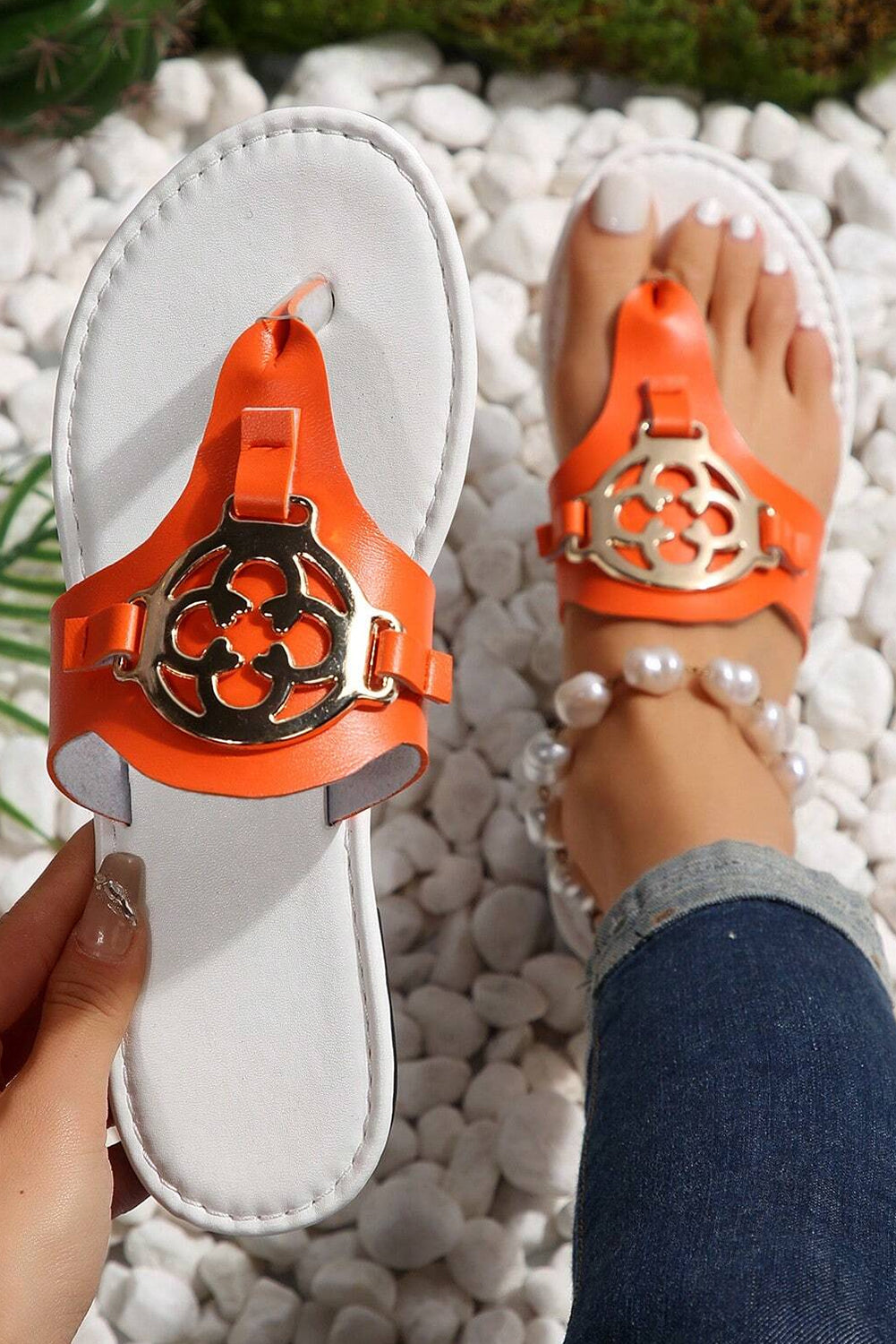 Grapefruit Orange Metal Décor Leather Thong Slippers Slippers JT's Designer Fashion