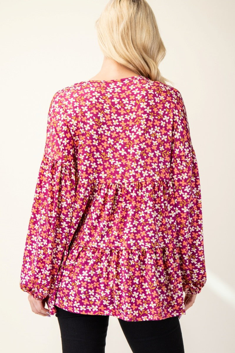 Full Size Floral V-Neck Balloon Sleeve Blouse Long Sleeve Tops JT's Designer Fashion