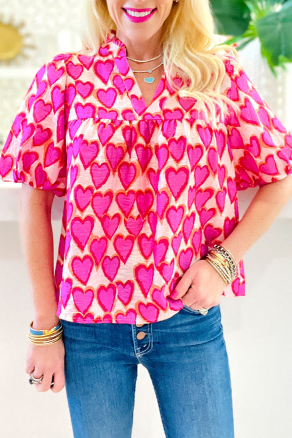 Pink Allover Heart Printed Split Neck Puff Sleeve Blouse Pre Order Tops JT's Designer Fashion