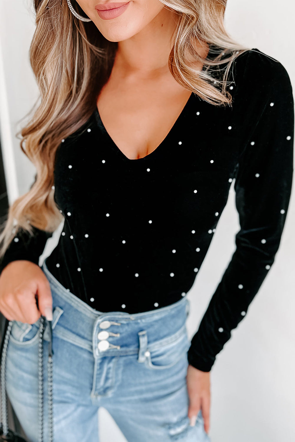 Black Velvet Beaded Long Sleeve V Neck Bodysuit Bodysuits JT's Designer Fashion