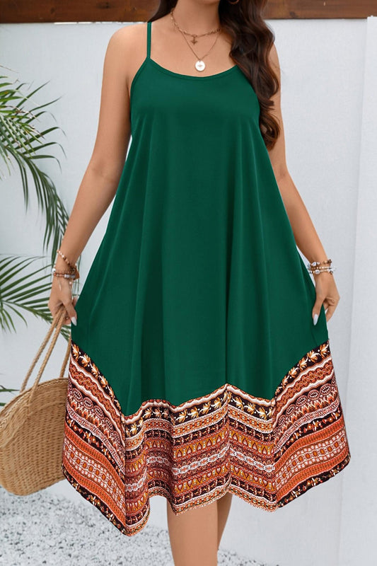 Plus Size Printed Round Neck Cami Dress Dark Green Midi Dresses JT's Designer Fashion