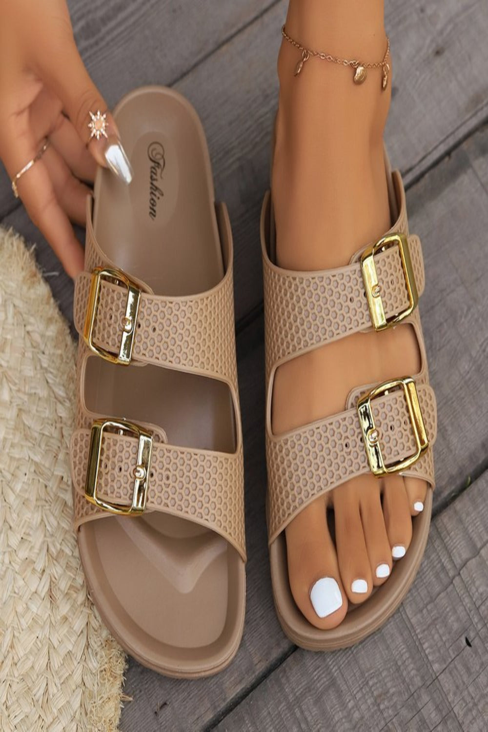 Double Buckle Open Toe Sandals Taupe Sandals JT's Designer Fashion