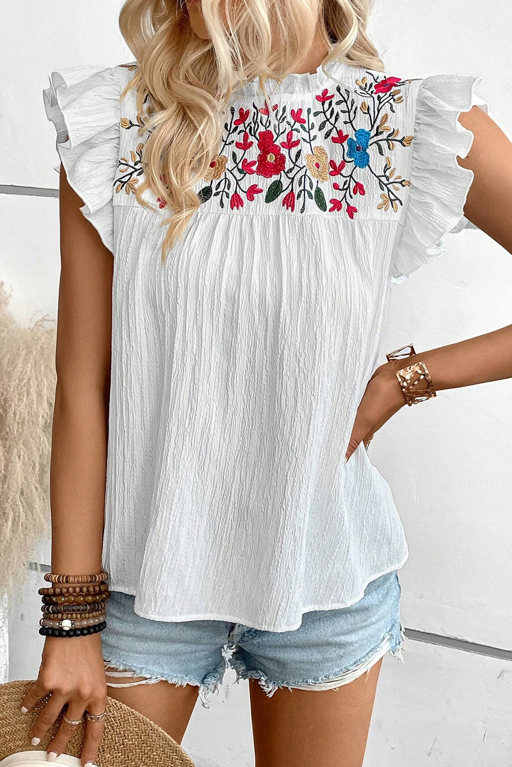 White Floral Embroidery Frilled Trim Mock Neck Crinkled Blouse Pre Order Tops JT's Designer Fashion