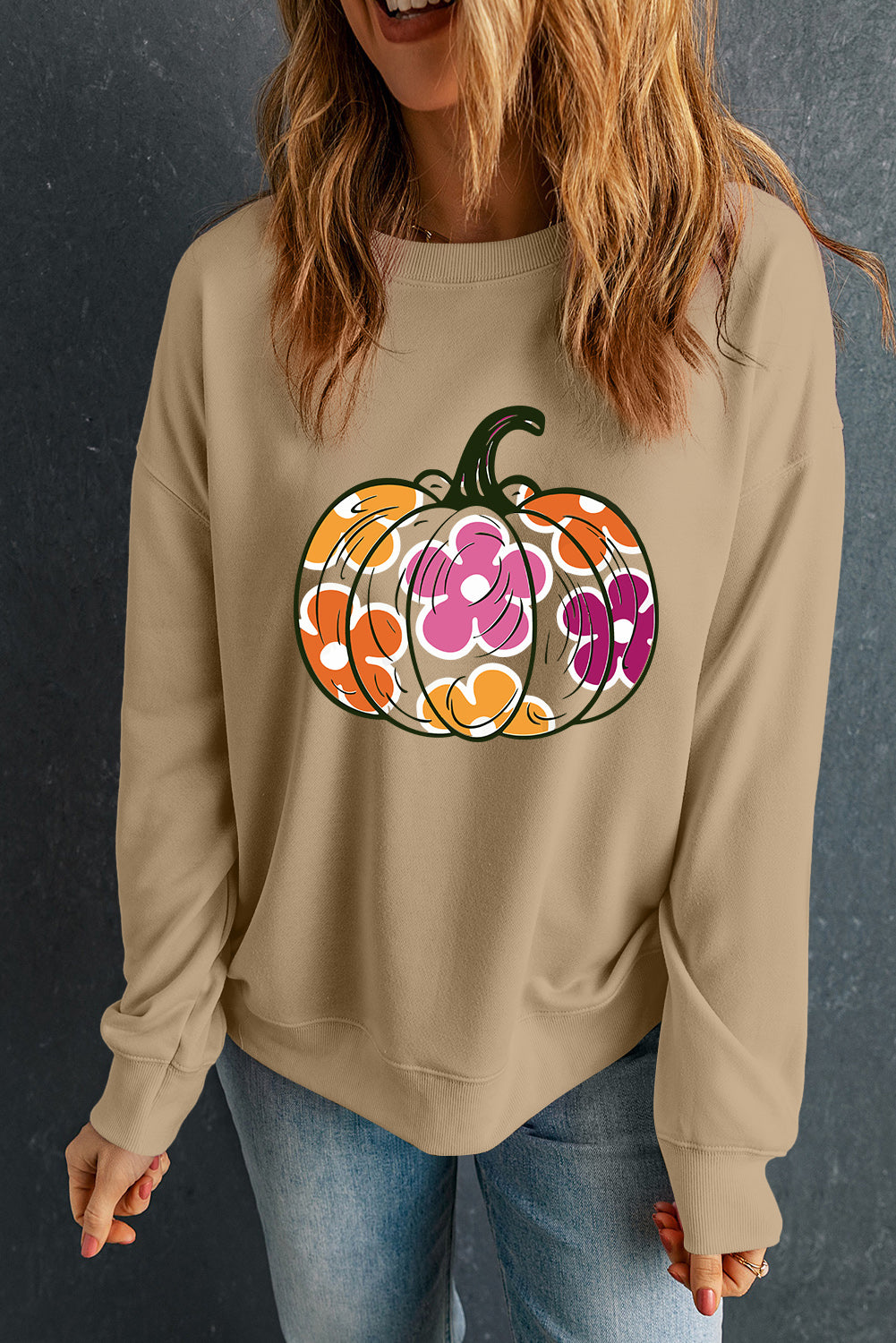 Khaki Halloween Floral Pumpkin Graphic Drop Shoulder Sweatshirt Graphic Sweatshirts JT's Designer Fashion