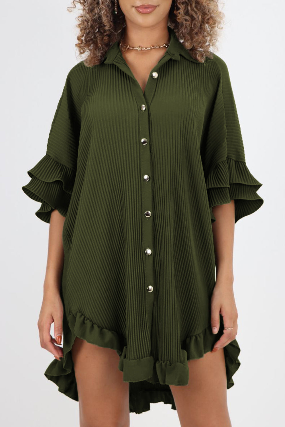 Moss Green High-low Hem Ruffle Sleeve Pleated Shirt Dress Mini Dresses JT's Designer Fashion