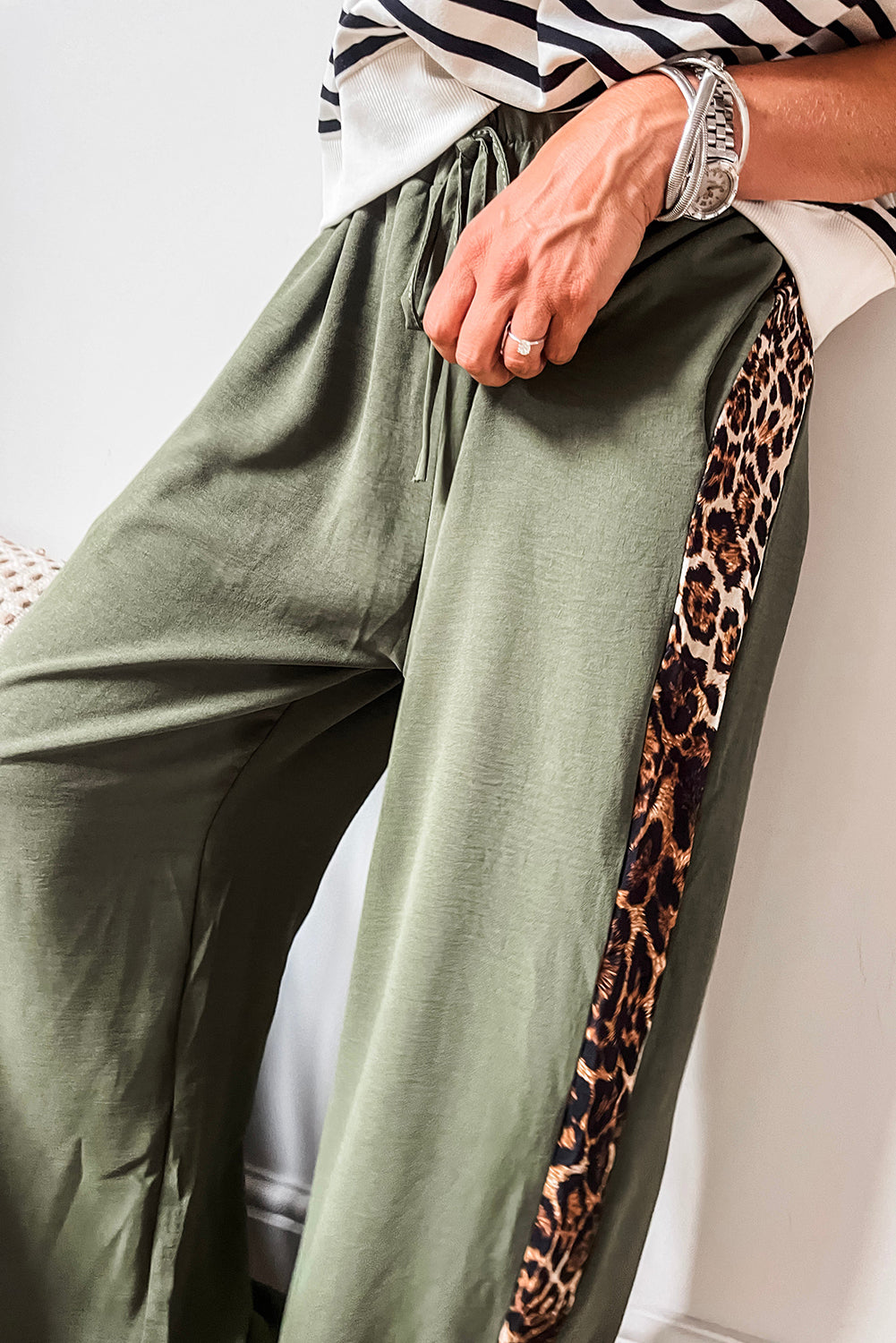 Laurel Green Leopard Patched Loose Drawstring High Waist Pants Bottoms JT's Designer Fashion