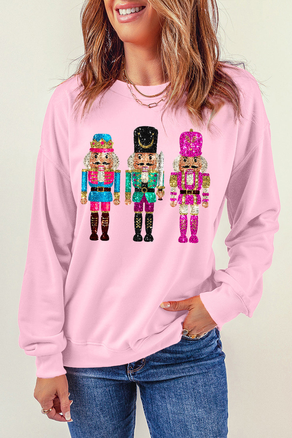 Pink Cute Nutcracker Printed Drop Shoulder Christmas Sweatshirt Graphic Sweatshirts JT's Designer Fashion