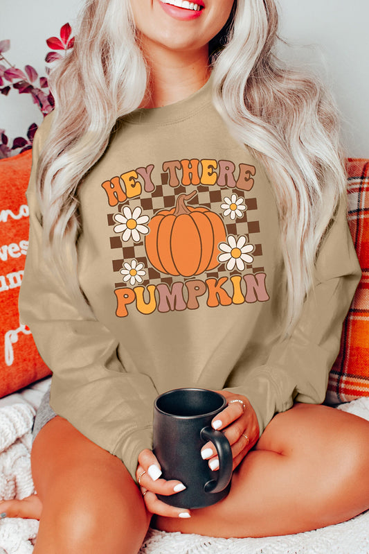 Khaki Floral Checkered Pumpkin Graphic Drop Shoulder Thanksgiving Sweatshirt Khaki 50%Polyester+50%Cotton Graphic Sweatshirts JT's Designer Fashion