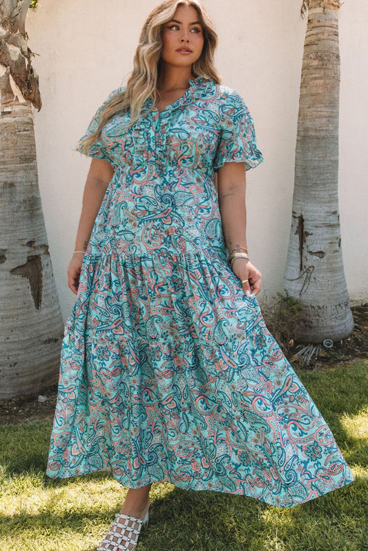 Green Frilly Split Neck Plus Size Paisley Maxi Dress Plus Size JT's Designer Fashion