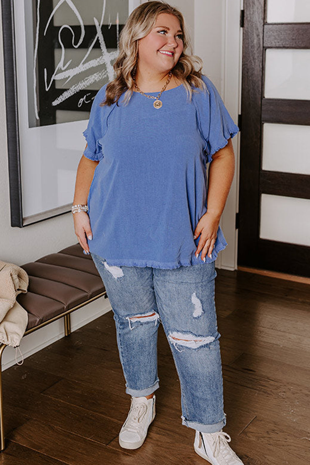 Ashleigh Blue Solid Color Short Sleeve Frayed Edge Plus Top Plus Size JT's Designer Fashion