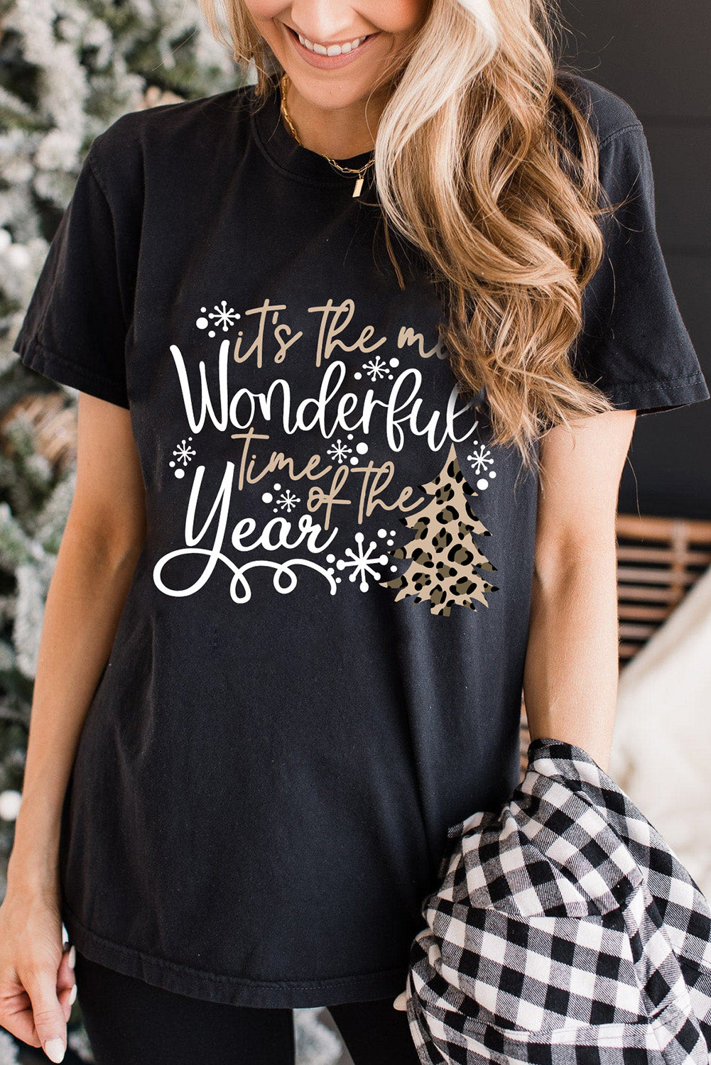 Black Wonderful Christmas Season Leopard Graphic Tee Graphic Tees JT's Designer Fashion