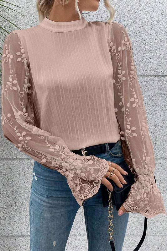 Apricot Pink Contrast Lace Sleeve Mock Neck Textured Blouse Tops & Tees JT's Designer Fashion